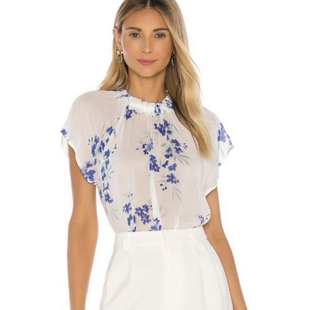 Bella Dahl Ruffle Neck Raglan Top in Iris Women's Size Small White/blue Flowers